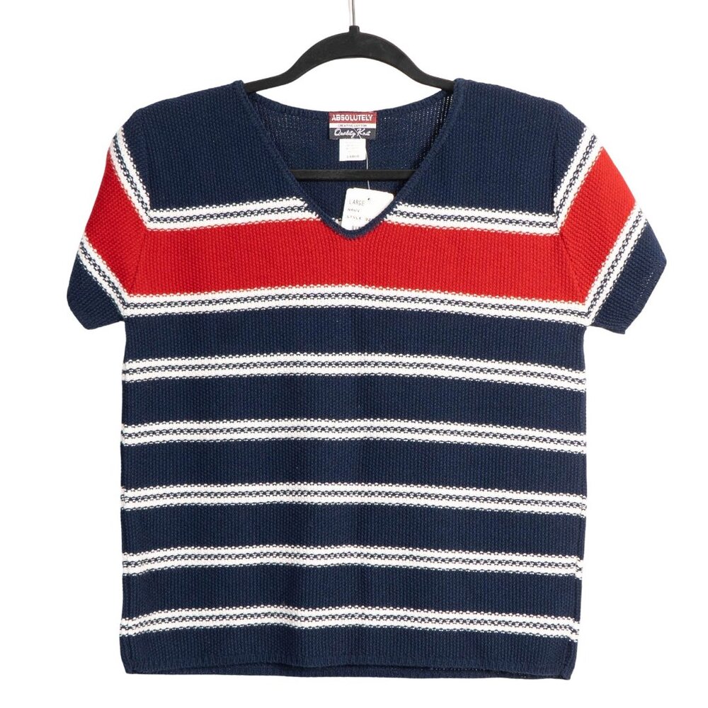 VTG Preppy Sweater L Womens 90s Red Blue Stripes Colorblock Short Sleeve VNeck